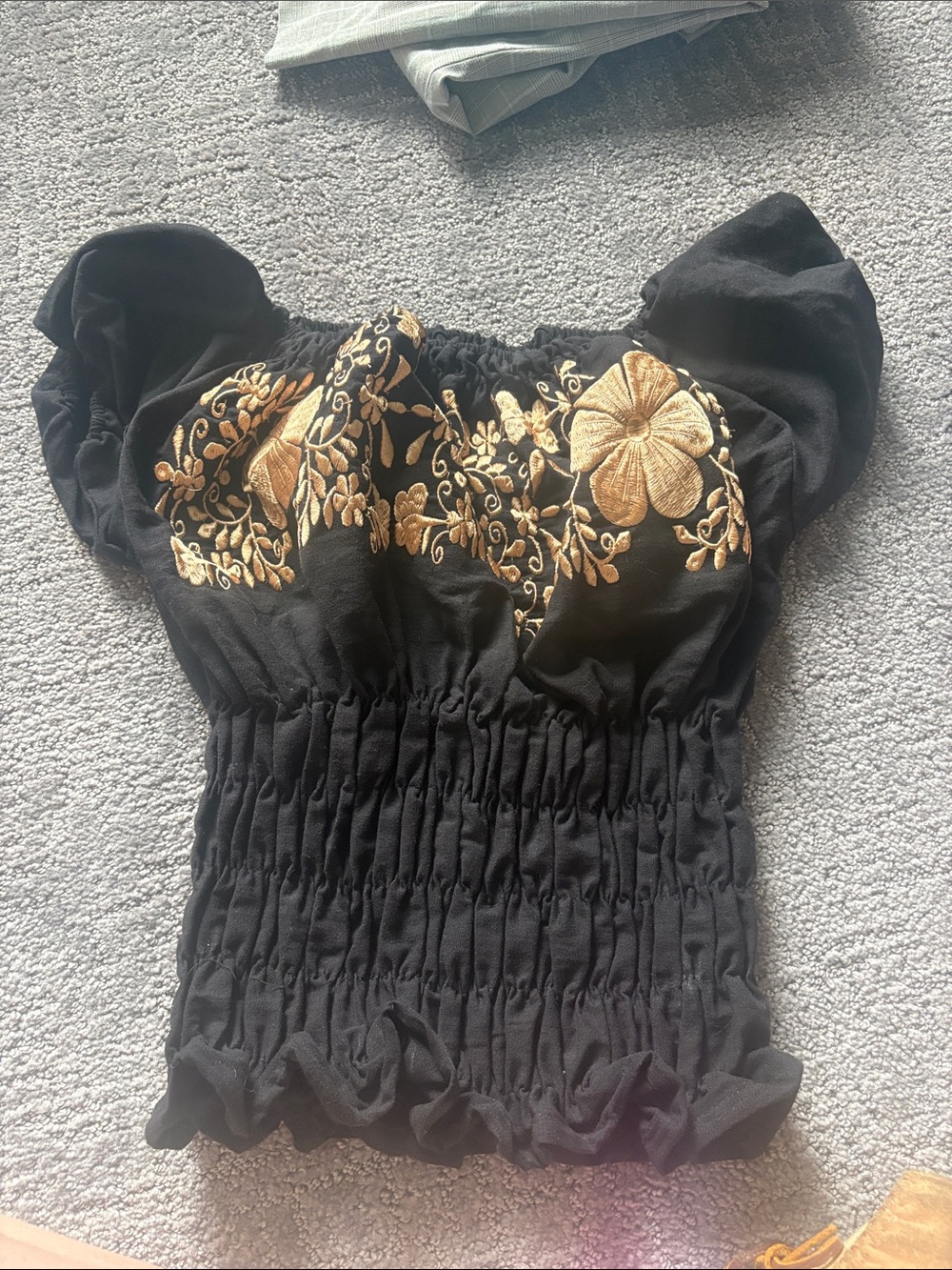 Black Smocked Top with Gold Floral Embroidery